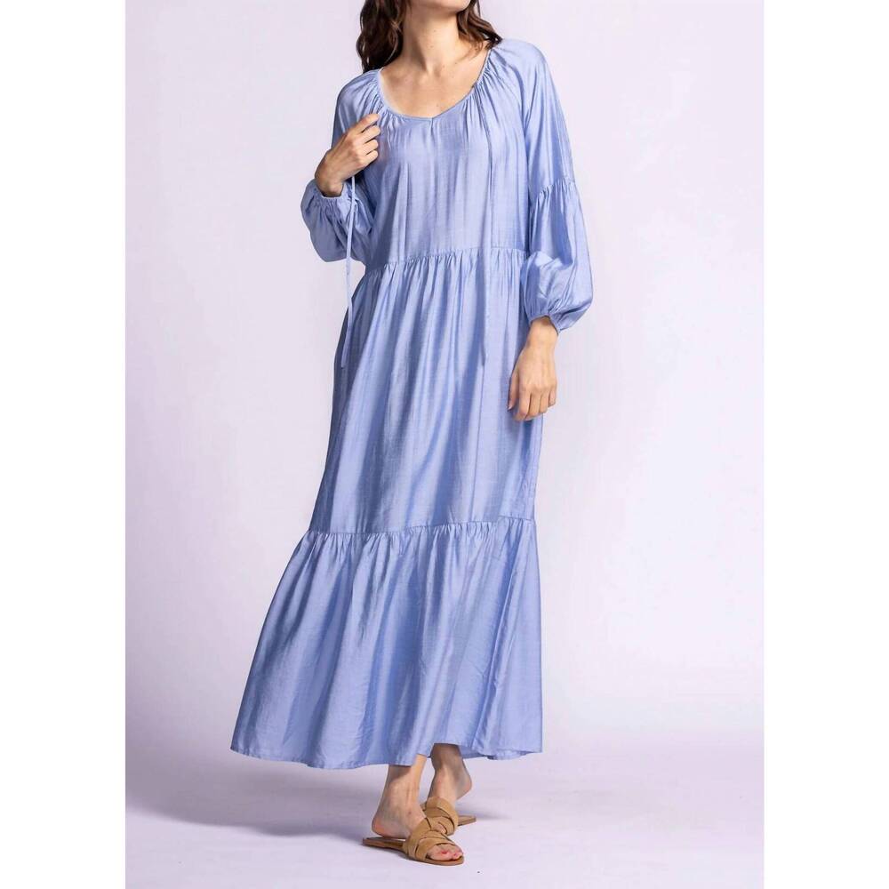 NWT Pink Martini Sky Blue Peasant Tiered Maxi Dress